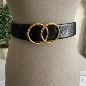 Auxiiary Black Croco Design Leather Belt with Double Circle Gold Tone Buckle